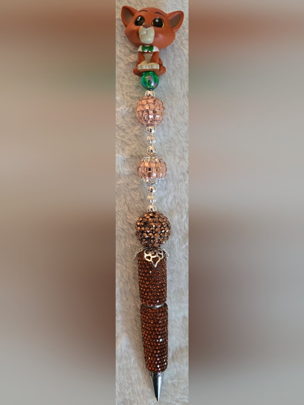 Brown and Green Beaded Pen - Cartoon Cat